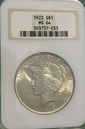 1923 PEACE SILVER DOLLAR **NGC CERTIFIED MS 64** Older NGC Holder