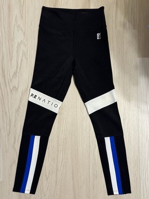 P.E Nation Black Blue White Leggings Logo Across Knee Striped Gym Workout Small