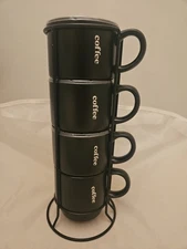 Coffee Mug Set with Stand Organizer Included Stackable 4 Stoneware Cups in Rack