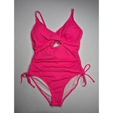NWOT Neon Pink Ribbed Twist Front One Piece Cutout Swimsuit XL