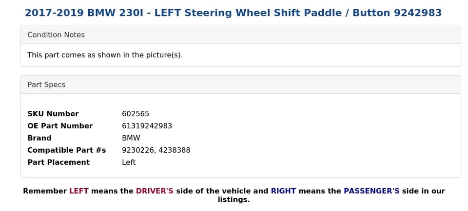 BMW 230I 2017-2019 - palanca de cambios del volante izquierdo/botón 9242983 Foto 4 de 4