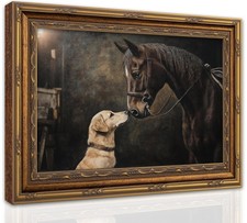 Gold Framed Vintage Horse And Dog Canvas Wall Art Rustic Farmhouse Retro Anim...