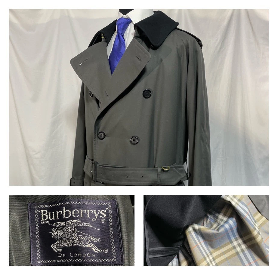 Burberry — Burberry VTG Gray Double Breasted Trench Coat Belted Wool Liner  Nova Check 46