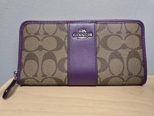COACH F54630 Long Zip Around Accordion Wallet Coated Canvas Purple Leather