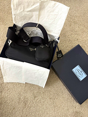 PRADA Re-Edition 2005 Black Shoulder Bag w/ Pouch, Adjustable Strap, Silver