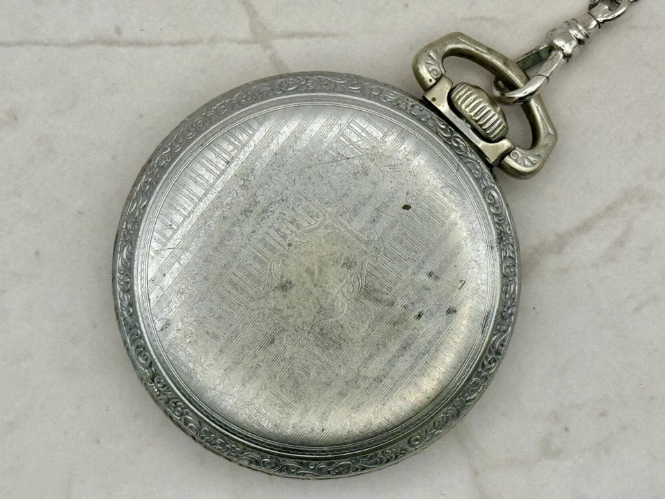 Reloj Bolsillo Elgin 16S (50mm) - Esfera Esmaltada, Caja Ornamentada, Cadena - Como Está c.1915 Foto 3 de 4