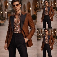 Wide Peak Lapel Men's Suits Brown Patchwork Jacket Regular Fit Prom Evening Coat