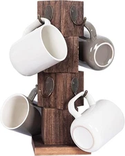 Coffee Mug Holder Tree, Rustic Solid Wood Tree Stand with 8 Hooks, Brown 