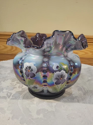 Fenton Purple Plum Ribbed Beaded Melon HP Pansies Large Rose Bowl Vase QVC 2003