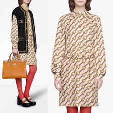 GUCCI DRESS SILK WITH STIRRUPS PRINT GOLDTONE CHAIN BELT $3,200 sz IT 40 US 4