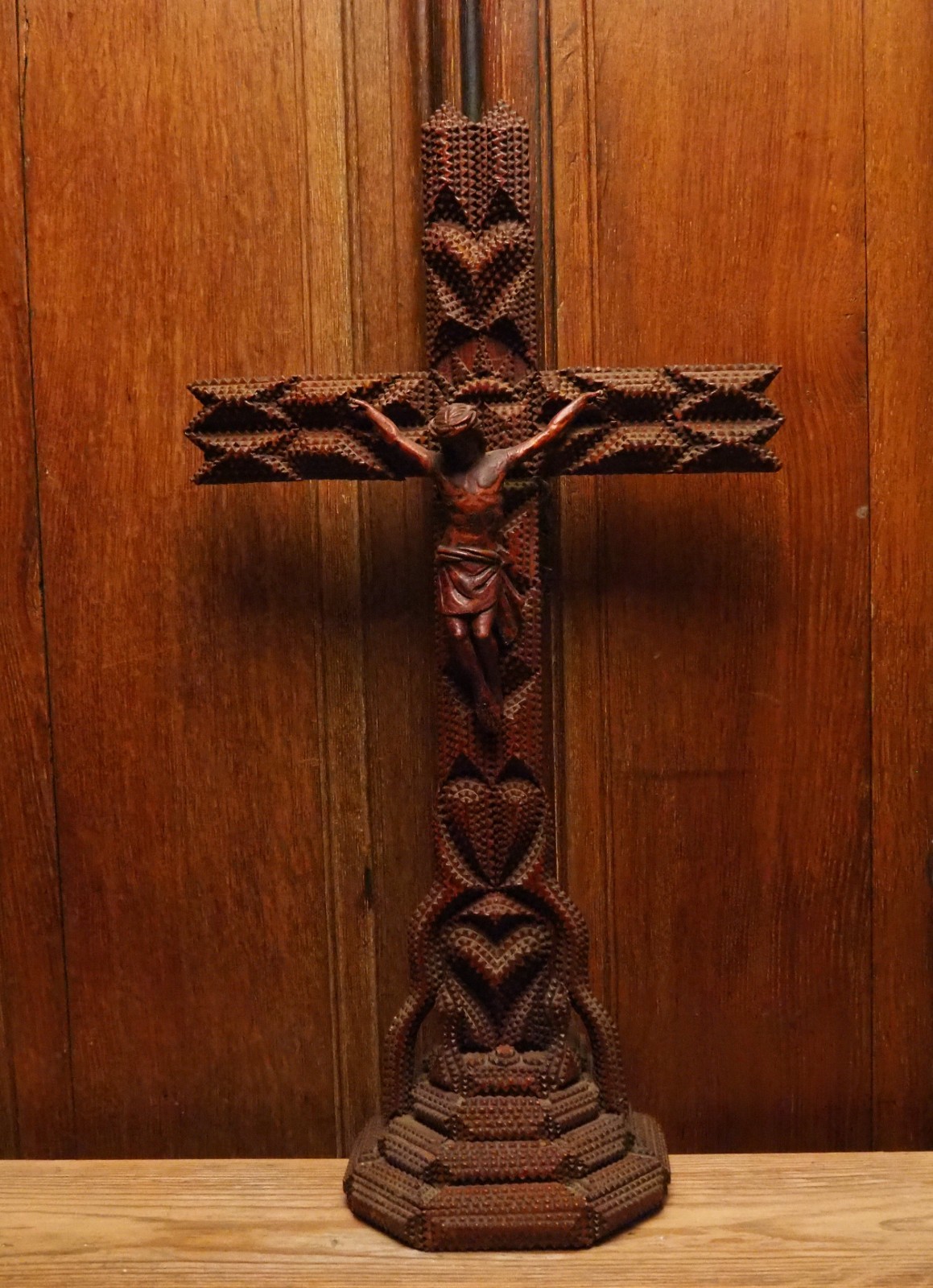 Large Antique French Tramp Art Folk Art Hand carved wood Altar Crucifix Cross