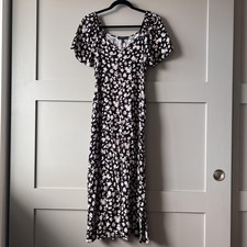 Final Touch Dress Womens Small Black White Floral Button Front Short Sleeve Midi