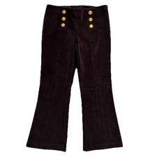 Tory Burch Brown Velvet Pants Pull On Mid Rise Flare Medallion Logo Buttons READ