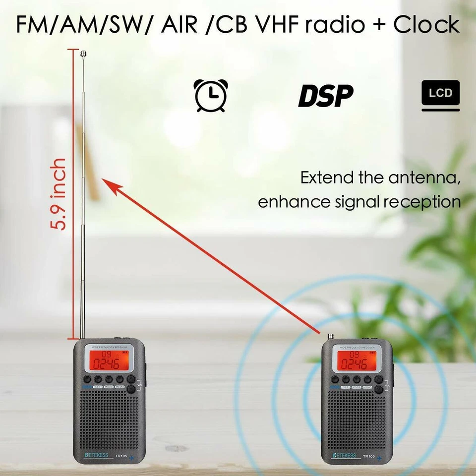 TR105 FM AM Shortwave Airband Pocket Radio SW/CB/AIR/VHF Band Radio Sleep Timer - Image 2 of 4
