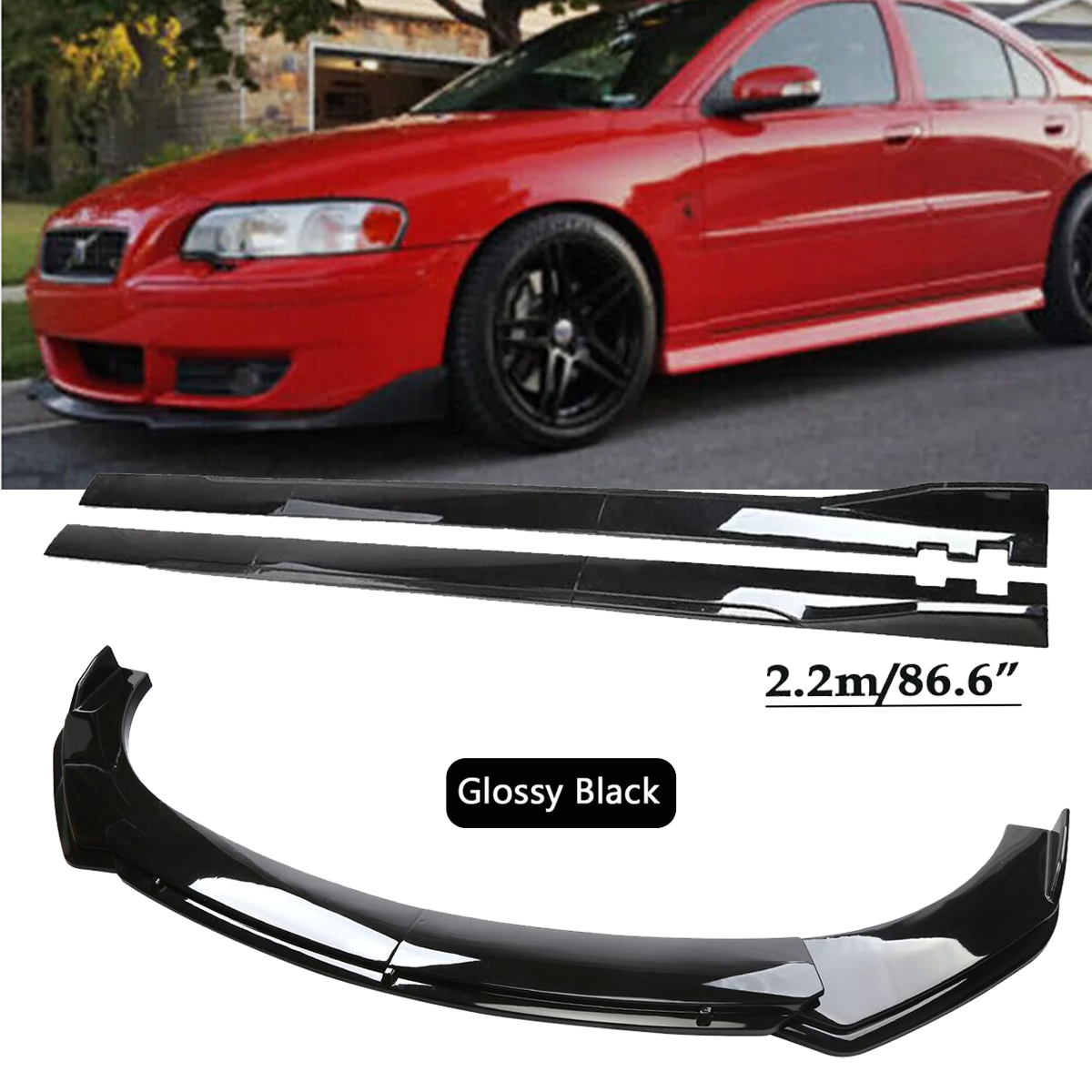 Gloss Black Front Bumper Lip Spoiler & Side Skirts for Volvo S40 S60 S70