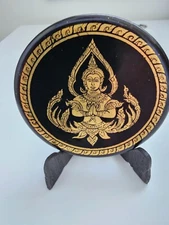 ANTIQUE THAILAND Prayer Lacquered Wood Plate & Stand Set UNIQUE RARE 5 inches