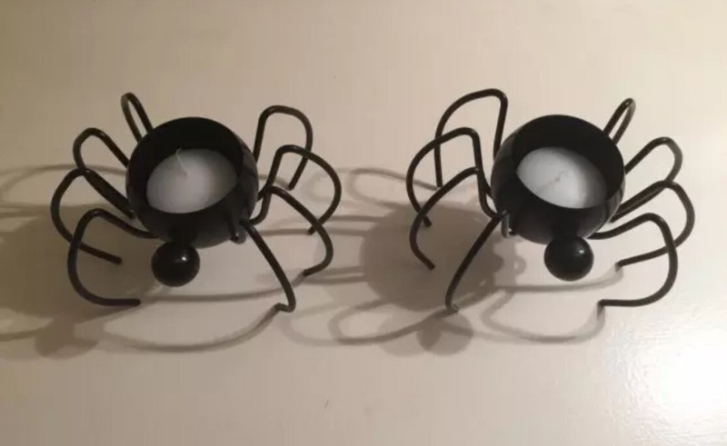 Pair of Metal Spider Candle Dish Candle Holder Black Halloween Decor 4” Tall
