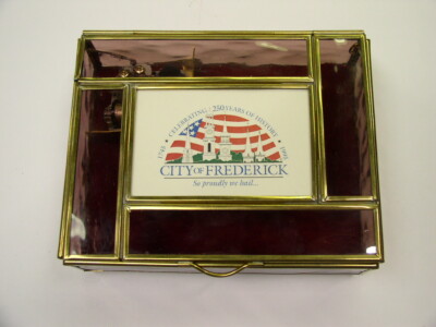 Frederick Md 250th Anniversary Colored Glass & Brass Music Box 5'' x 6 3/8'' x 2''