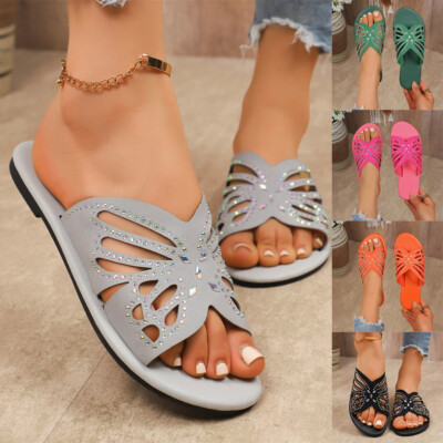Damen Strass Flache Sandalen Hausschuhe Slip On Schuhe Sommer Beach Slipper DE