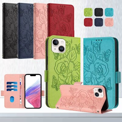 For iPhone Series Case Rose pattern anti-theft brush Credit Card Flip Leather