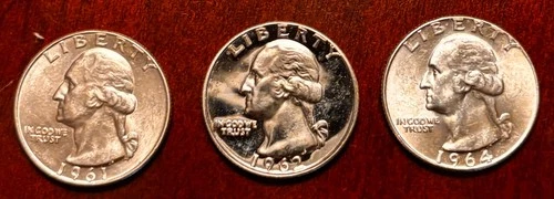 LOT OF THREE: 1961-P/1962-P Proof/1964-D U.S. Washington Silver Quarters NICE!