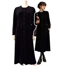 Vintage Eddie Bauer Black Velour Button Front Midi Dress Size Large Cottagecore