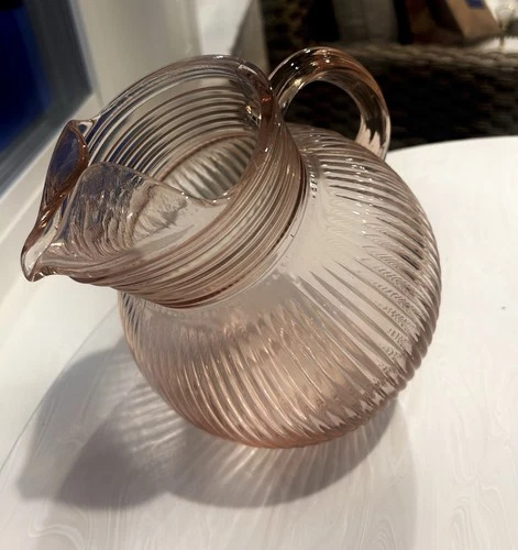 Anchor Hocking  1940s Depression Glass Manhattan Pink Tilted Ball Ribbed Pitcher