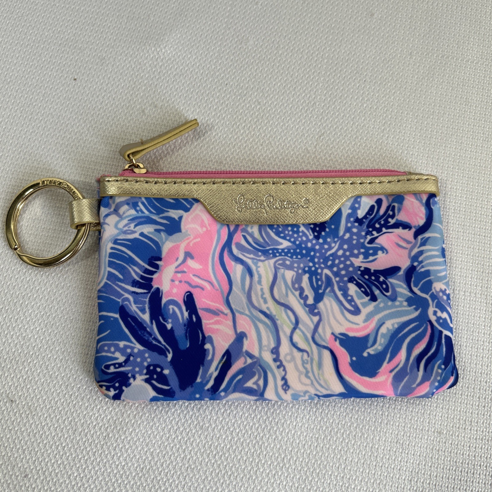 Lilly Pulitzer ID Case in Shade Seekers Pink Blue Tropical Coin Purse Keychain