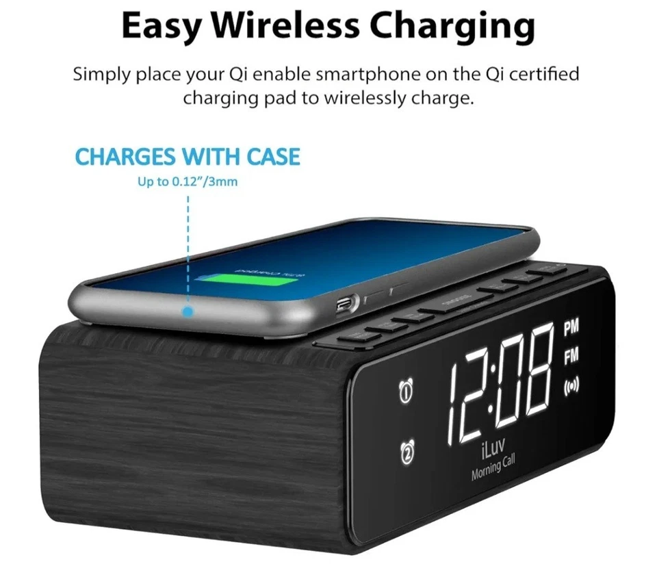 Reloj despertador iLuv con carga inalámbrica y radio FM - Paquete de 2 Foto 2 de 4