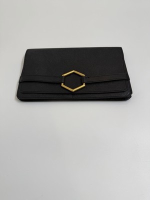 Vintage Christian Dior Black Leather Clutch Wallet Gold Hexagon CD Paris