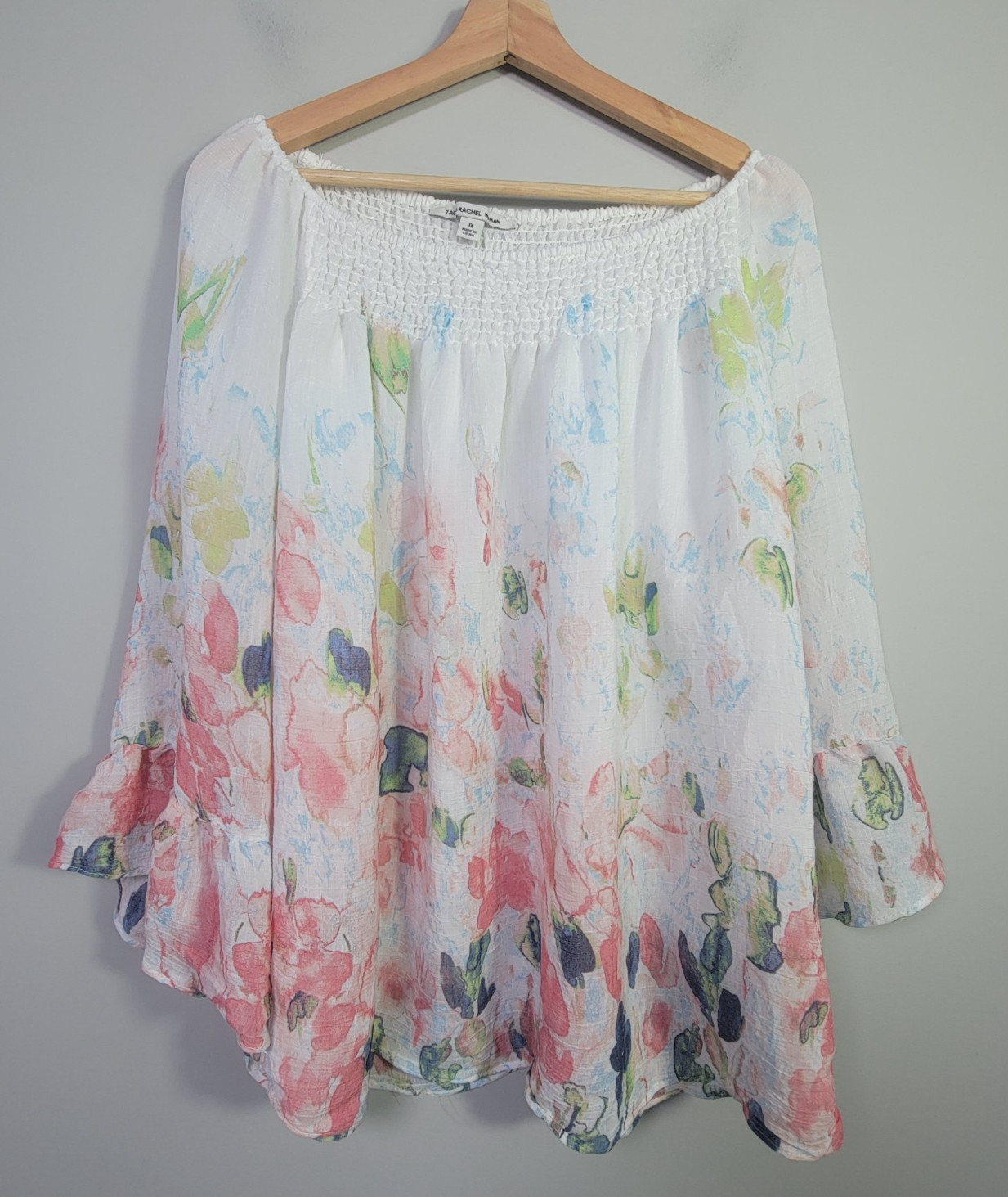 Zac & Rachel Woman 1X Plus Floral Ruffle Sleeve Watercolor Blouse Sheer