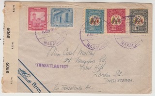 VENEZUELA 1944 multi franked censor cover MARACAIBO LONDON via TRANSATLACTIC air