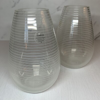 Pair of Hand Blown Dansk White Mezza Filigrana Swirl 6'' Striped Vases