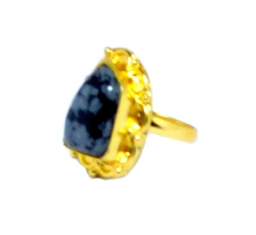 Anello Gioielli Ossidiana Neve Placcato Oro Fatti a Mano Pietra Preziosa Rara Taglia-4,5 - Foto 3 di 3