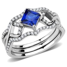 Sapphire ring set princess engagement wedding bands blue silver ladies cz