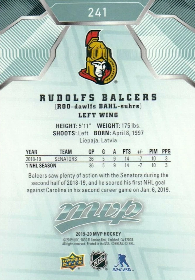 Ottawa Senators 2019-20 Upper Deck MVP #241 Rudolfs Balcers SP RC - Image 2 of 2