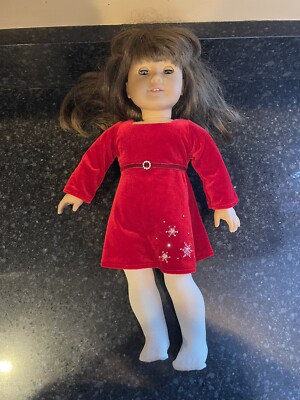 American Girl Doll Brown Hair Blue Eyes Teeth Red Velvet Dress Tights 18 |  eBay