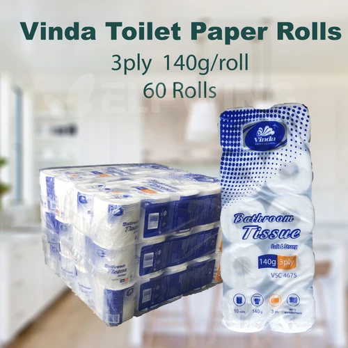 60 x Vinda Toilet Paper Tissue Rolls 3-Ply 140g -Soft & Thick White Roll