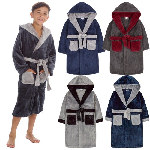 Kids Dressing Gown Boys Childrens Hooded Soft Fleece Winter Contrast
