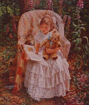 READING TO THEODORE - KUCK - L/E ART PRINT  -RETAIL $145 - TEDDY BEAR - GIRL