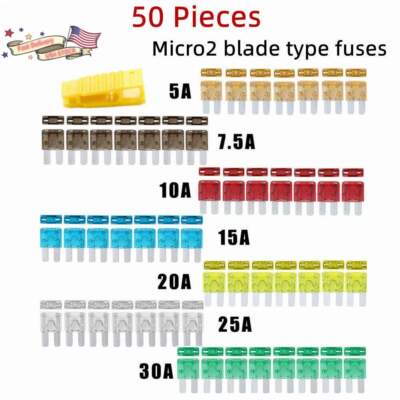 50pcs Micro2 Blade Fuses Assorted Kit Car Truck 30A 25A 20A 15A 10A 7.5A 5A