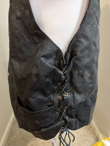 Chaleco de cuero Interestatal roto para hombre XL negro motocicleta motociclista sin mangas a presión - Imagen 4 de 9