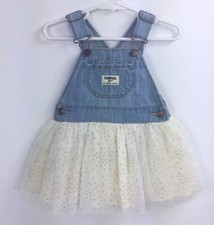 OSHKOSH B GOSH Vestbak Off White Gold Sparkle Tulle Medium Wash Denim Dress 12mo