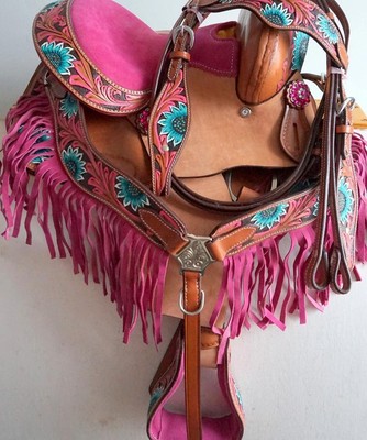 15'' New FLORAL Tooled PINK Trail Barrel Pleasure Saddle FQ Bars Option of HSBP
