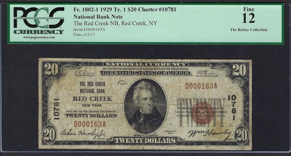 🇺🇸 NY 1929 $20 ♚♚ RED CREEK, NEW YORK ♚♚ PCGS FINE 12 VERY HARD TO FIND!!! - Image 2 of 3