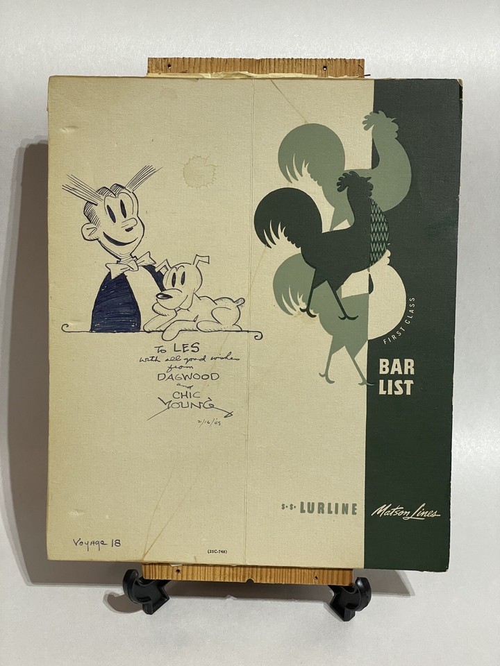 Chic Young Original Ink Drawing Dagwood And Daisy Ship Bar Menu 2/16/49 w/COA Comic Art
