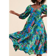 FARM RIO Dream Garden Tropical Floral Midi Maxi Dress Medium Blue Green Puff Slv