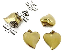 3 Vintage Brass Curved Curly Bottom Heart 27mm. Puffed 3D Charm Pendants 5701P