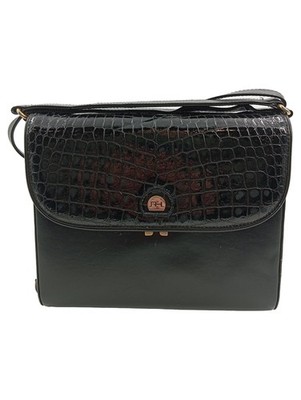 RH Design Damen Umhängetasche Schwarz Leder Kroko-Prägung Klassisch