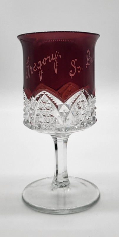 1916 Gregory, South Dakota Ruby Flash EAPG Pressed Glass Souvenir Goblet